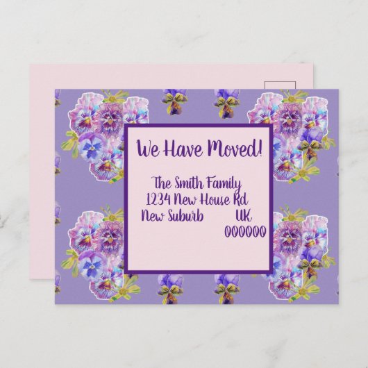 パープルパンジー新しい住所はがき、私たちは移動している ポストカード (正面/裏面)