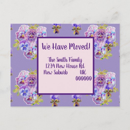 パープルパンジー新しい住所はがき、私たちは移動している ポストカード (正面)
