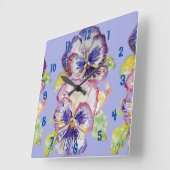 パープルパンジー水彩女性オフィスクロック スクエア壁時計 (傾斜)