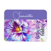 パープルパンジー水彩花ガール名前誕生日 マグネット (横)