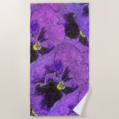 パープルパンジー絵画、抽象芸術、フローラアート ビーチタオル (正面)