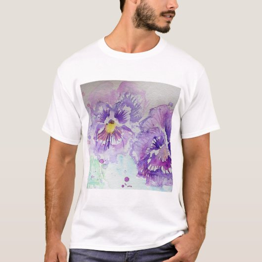 パープルパンジー花フローラ水彩絵画色 Tシャツ (正面)