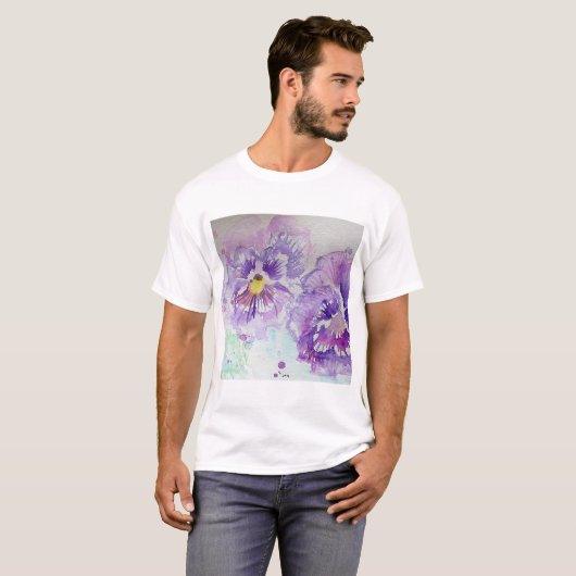 パープルパンジー花フローラ水彩絵画色 Tシャツ (正面フル)