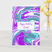 パープルパーソナライズされたとティール(緑がかった色)マーブル誕生日 カード (黄色い花)