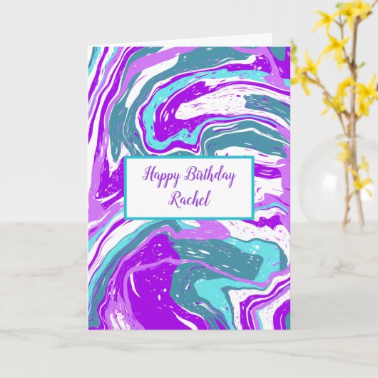 パープルパーソナライズされたとティール(緑がかった色)マーブル誕生日 カード (黄色い花)