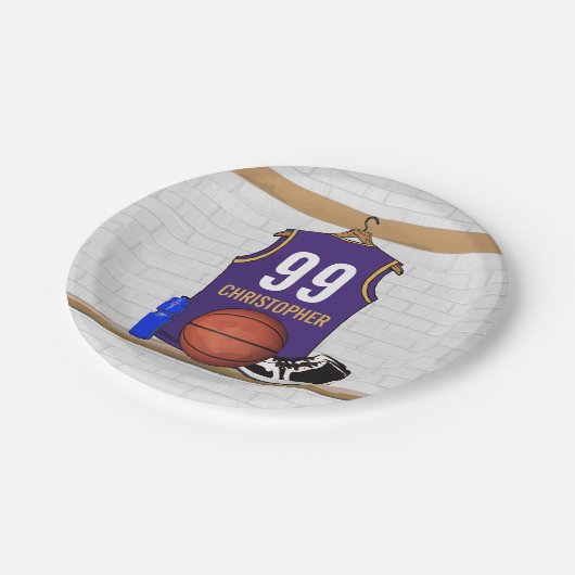 パープルパーソナライズされたと金ゴールドバスケットボールジャージー ペーパープレート (アングル)
