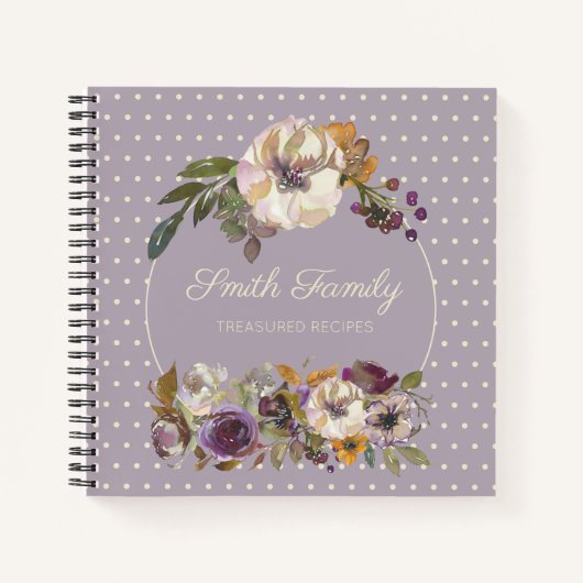パープルパーソナライズされたイエローアイボリーフローラレシピ ノートブック (正面)