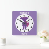 パープルパーソナライズされたスーパーヒーローガールキッズルーム スクエア壁時計 (ホーム)