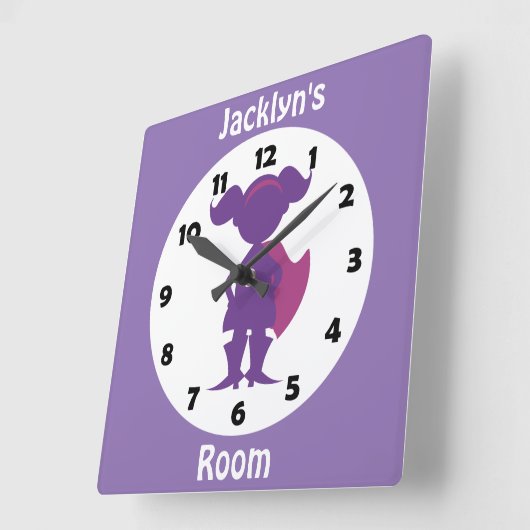 パープルパーソナライズされたスーパーヒーローガールキッズルーム スクエア壁時計 (傾斜)