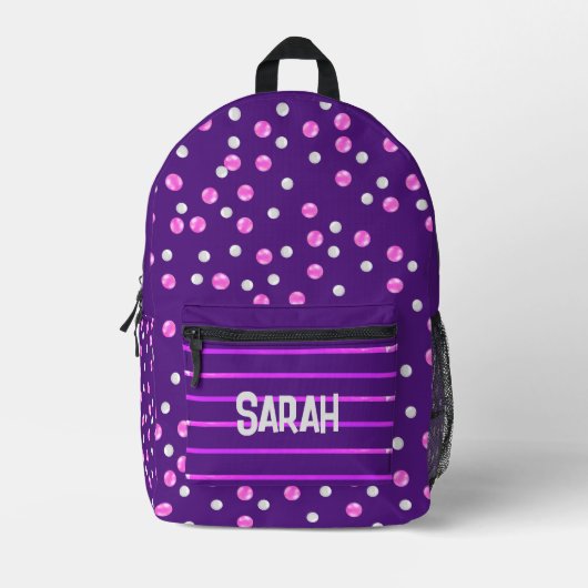 パープルパーソナライズされたピンクとグレーの水玉模様 プリントバックパック (正面)