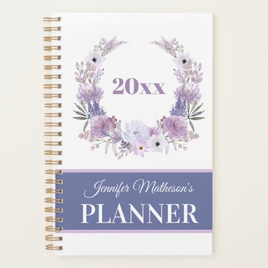 パープルパーソナライズされたフローラリース毎日 プランナー手帳 (正面)