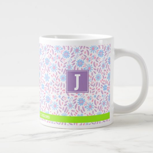 パープルパーソナライズされたフローラ名&モノグラム ジャンボコーヒーマグカップ (右)