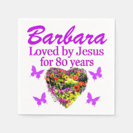 パープルパーソナライズされたフローラ80番目の誕生日ナプキンス スタンダードカクテルナプキン