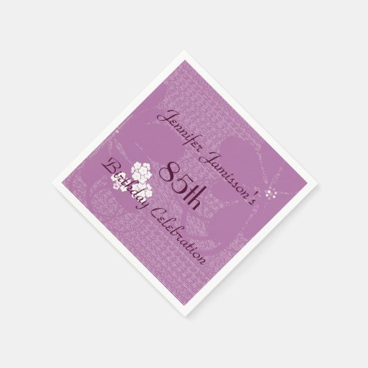 パープルパーソナライズされたフローラ85th誕生日パーティー スタンダードカクテルナプキン (角)