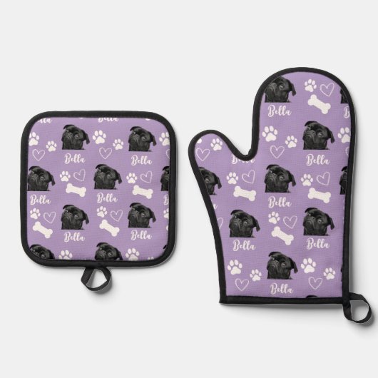 パープルパーソナライズされたペットフォトドッグラバーインスタグラム 鍋つかみ&鍋敷きセット (正面)