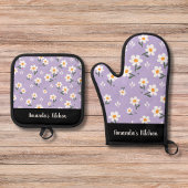 パープルパーソナライズされたホワイトフローラ開花キッチン 鍋つかみ&鍋敷きセット