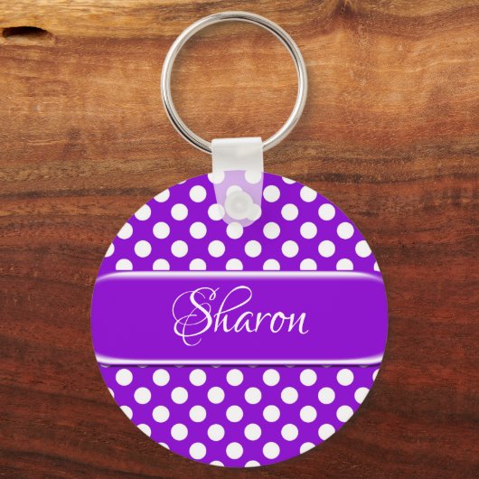 パープルパーソナライズされたホワイト水玉模様キーチェーン キーホルダー (正面)
