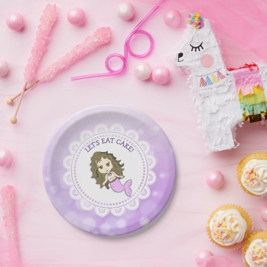 パープルパーソナライズされたマーメイドお誕生日ケーキプレート ペーパープレート (パーティー)