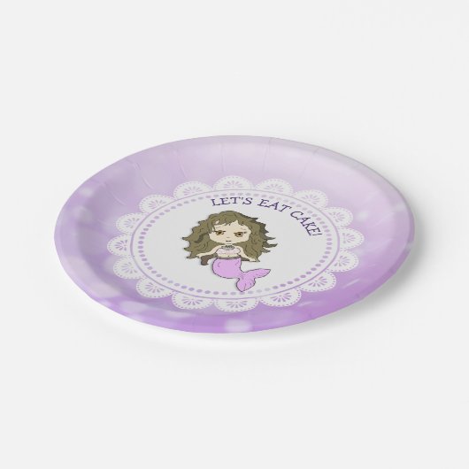 パープルパーソナライズされたマーメイドお誕生日ケーキプレート ペーパープレート (アングル)