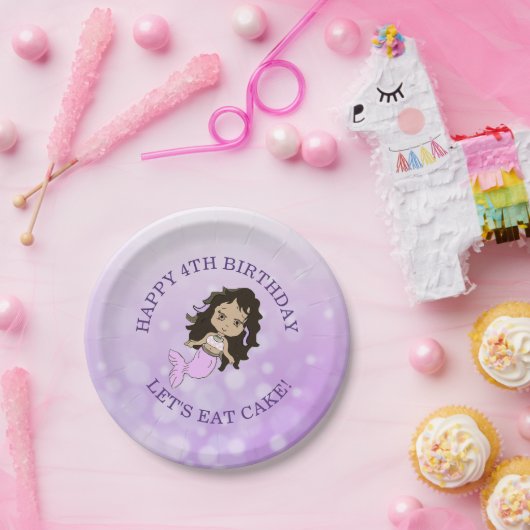 パープルパーソナライズされたマーメイドお誕生日ケーキプレート ペーパープレート (パーティー)