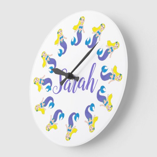 パープルパーソナライズされたマーメイドガールベッドルームバスルーム ラージ壁時計 (傾斜)