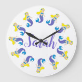 パープルパーソナライズされたマーメイドガールベッドルームバスルーム ラージ壁時計 (正面)