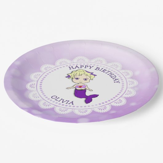 パープルパーソナライズされたマーメイド誕生日プレート ペーパープレート (アングル)