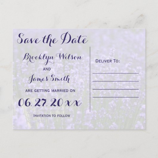 パープルパーソナライズされたラベンダーの日付を保存 案内ポストカード (裏面)