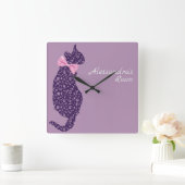 パープルパーソナライズされたレースキャットシルエットラベンダー スクエア壁時計 (ホーム)
