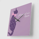 パープルパーソナライズされたレースキャットシルエットラベンダー スクエア壁時計 (傾斜)