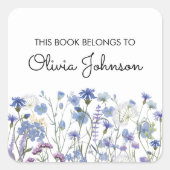 パープルパーソナライズされたワイルドフラワーフローラ蔵書票 スクエアシール (正面)