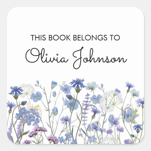 パープルパーソナライズされたワイルドフラワーフローラ蔵書票 スクエアシール (正面)