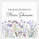 パープルパーソナライズされたワイルドフラワーフローラ蔵書票 スクエアシール (正面)