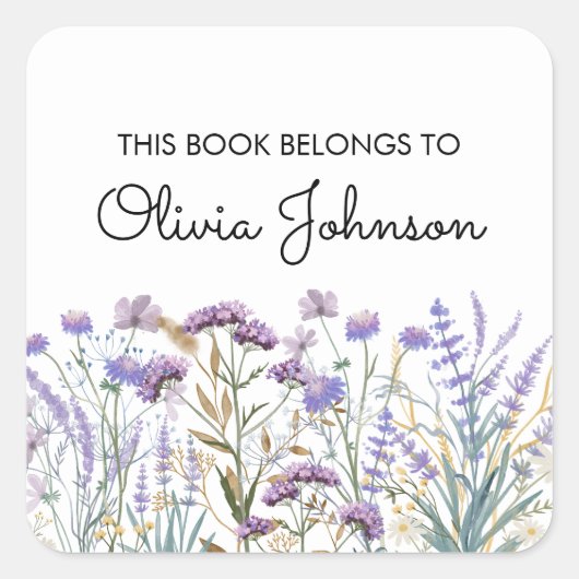 パープルパーソナライズされたワイルドフラワーフローラ蔵書票 スクエアシール (正面)