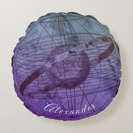 パープルパーソナライズされた海ブルーシナ天球図 ラウンドクッション (正面)
