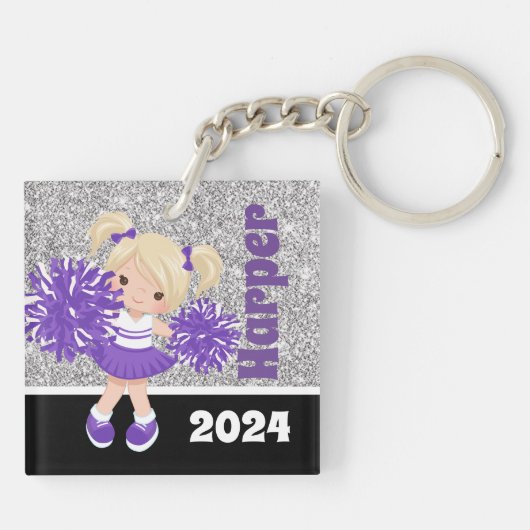 パープルパーソナライズされた&シルバーチアリーティングキーチェーン キーホルダー (裏面)