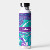 パープルパーソナライズされた、ターコイズティール（緑がかった色）流体アート ウォーターボトル (左面)
