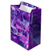 パープルパーソナライズされた、ブルー、ピンクの大理石誕生日 ミディアムペーパーバッグ (正面アングル)