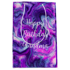 パープルパーソナライズされた、ブルー、ピンクの大理石誕生日 ミディアムペーパーバッグ