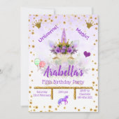 パープルパーソナライズされた、金ゴールドスターズユニコーン誕生日 招待状 (正面)