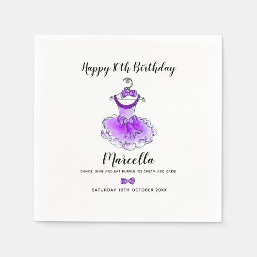 パープルパーティードレス女の子10th誕生日パーティー スタンダードカクテルナプキン (正面)