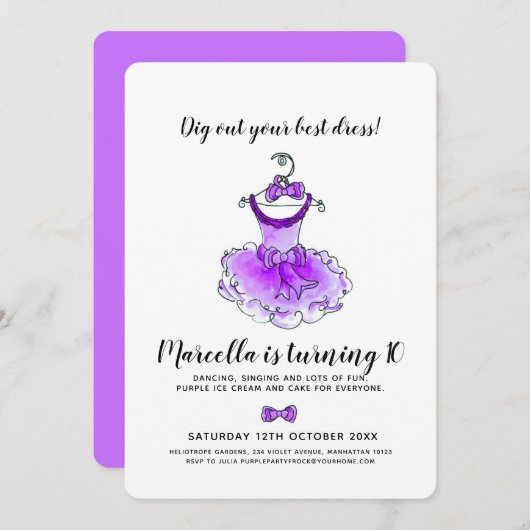 パープルパーティードレス女の子10th誕生日パーティー 招待状 (正面/裏面)