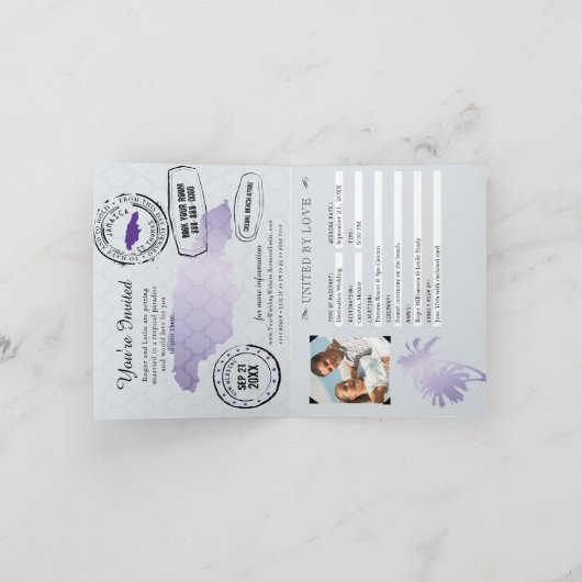 パープルパームフェイクフォイルジャマイカウェディングパスポート 招待状 (内部)