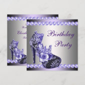 パープルパールのハイ heels シューズ 誕生日パーティー 招待状 (正面/裏面)