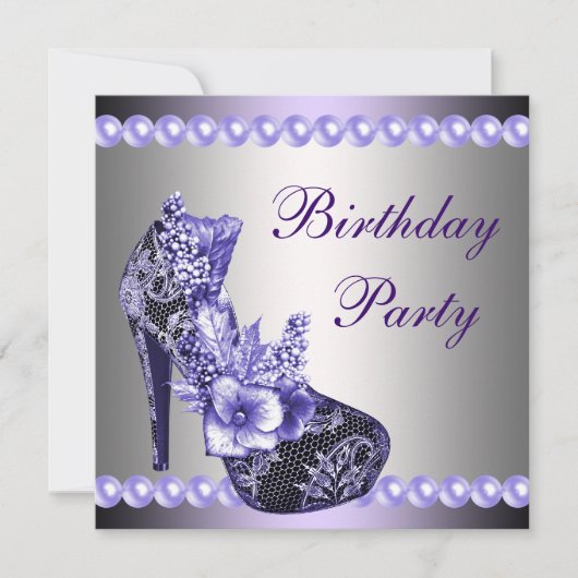パープルパールのハイ heels シューズ 誕生日パーティー 招待状 (正面)