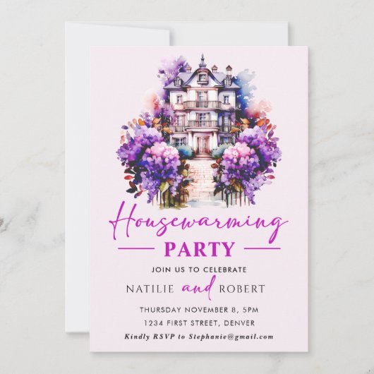 パープルヒューズ引っ越し祝いパーティーパーティー 招待状 (正面)