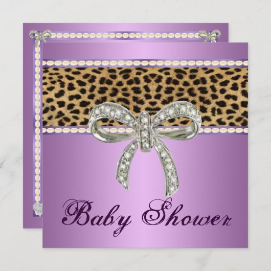パープルヒョウのダイヤモンドボウベイビーシャワー招待状 招待状 (正面/裏面)