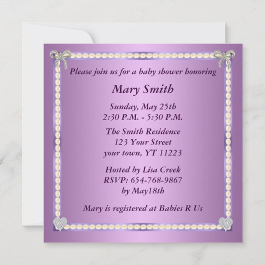 パープルヒョウのダイヤモンドボウベイビーシャワー招待状 招待状 (裏面)