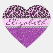 パープルヒョウパーソナライズされたプリントグリッター ハートシール (正面)