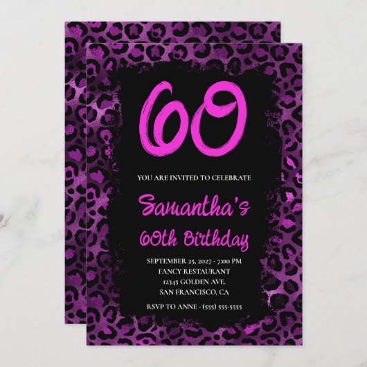 パープルヒョウ絵を描ブラック60誕生日 招待状 (正面/裏面)